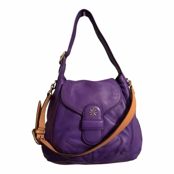 NEW Isaac Mizrahi Purple Genuine Leather Dual Strap Shoulder Bag